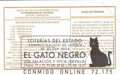 Reverso del d&eacute;cimo 73450 con el sello de la Administraci&oacute;n n&ordm; 4 &laquo;El Gato Negro&raquo;, en Los Palacios y Villafranca